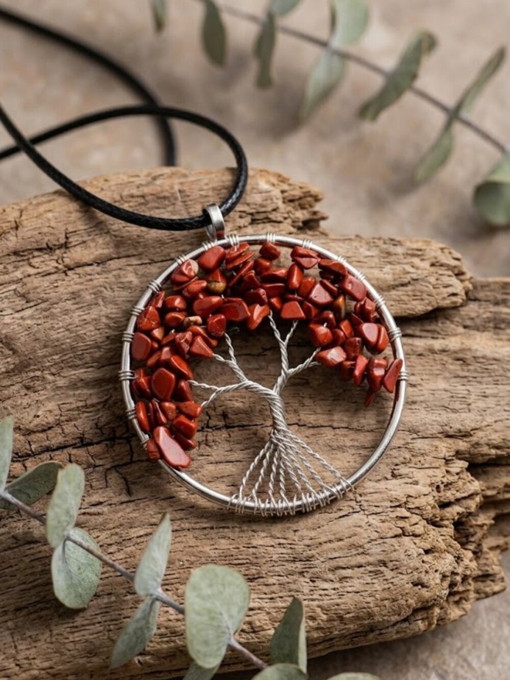 Red Jasper Genuine Tree of Life Pendant Necklace Silver Wire Wrapped Boho 2"